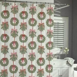 Kassatex Christmas Wreath Bow Fabric Shower Curtain 72x72 Chic Holiday Bath NEW